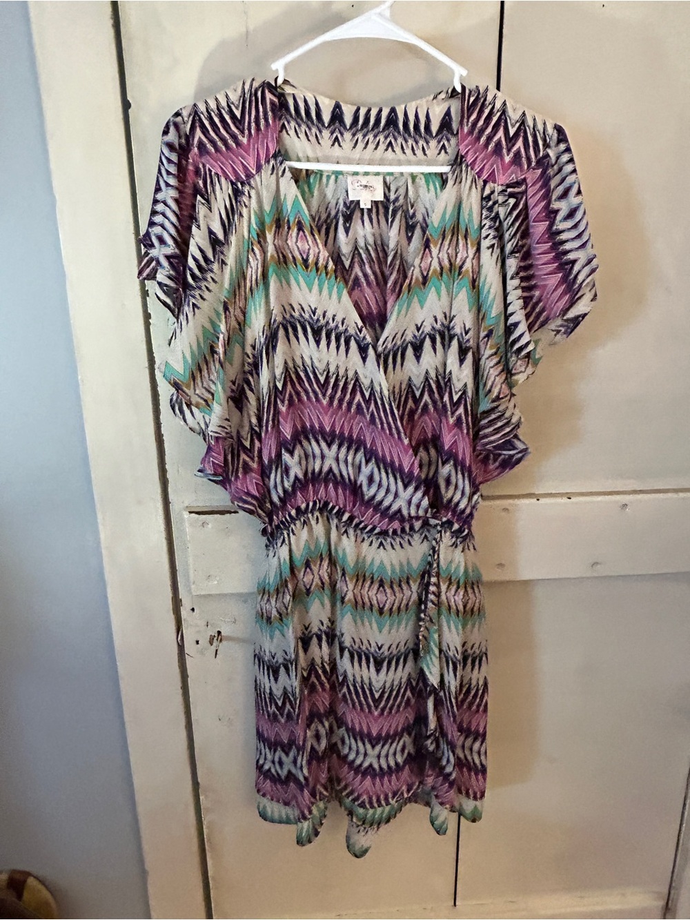 Flutter Sleeve V-Neck Printed Dress in Purple and Teal